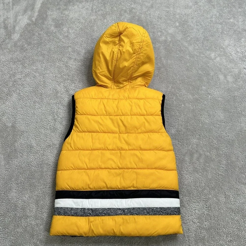 Mayoral Boy's Reversible Puffer Vest Hood Zip Size 4 Gray Yellow White Blue
